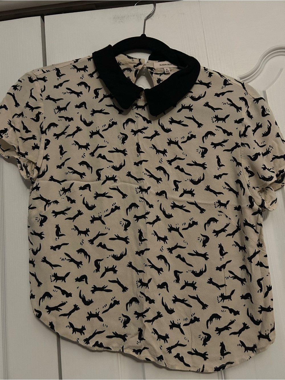 Sunday Best Beige cropped Top with Black Fox Print and Black Girly Collar